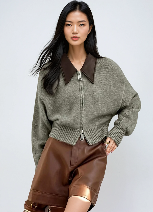 Eléna - Timeless Leather-Collared Cardigan
